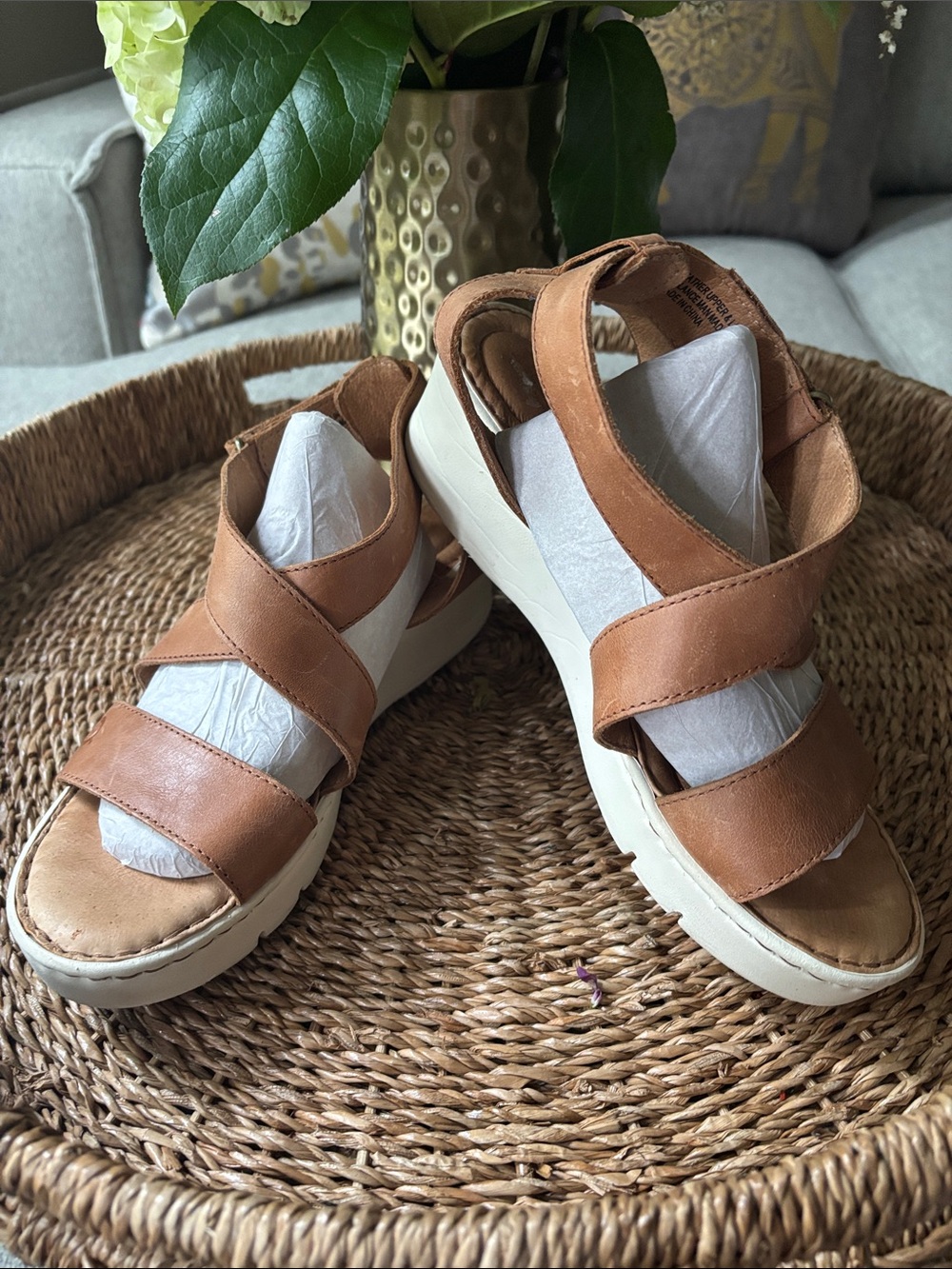 Born Tan Leather Platform Strappy Sandals